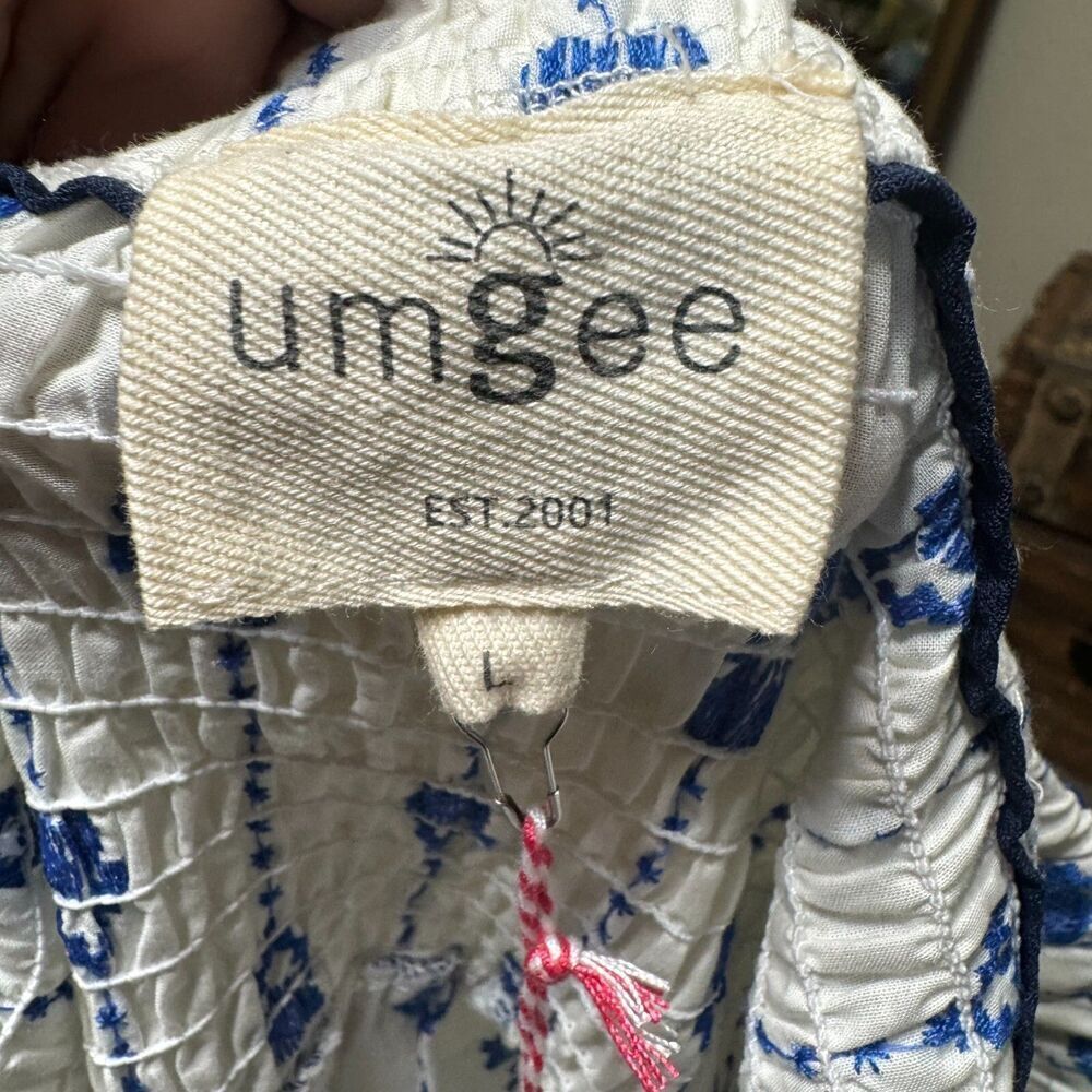 Umgee Blue/White Floral Embroidered Midi Tiered Sundress Size L Smocked Boho - Picture 7 of 8